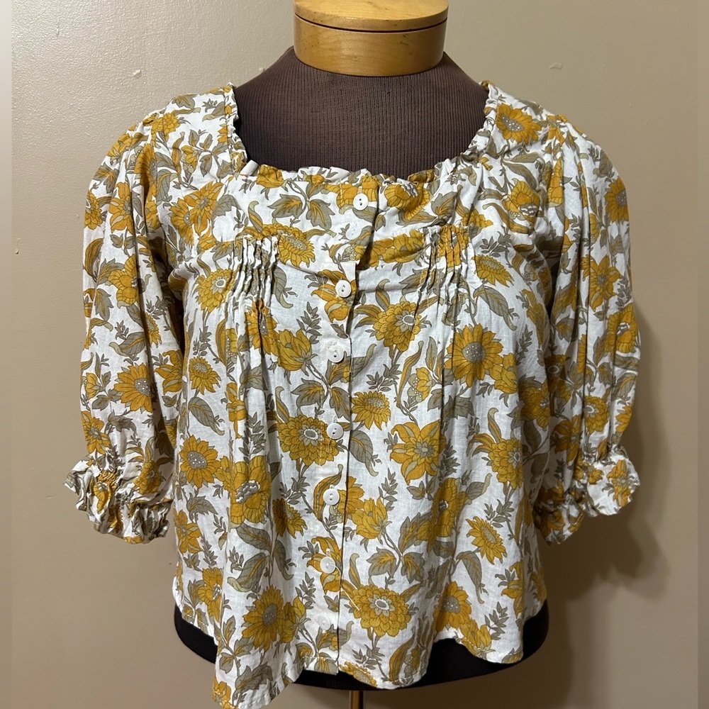 Cupcakes and Cashmere Yellow Floral Button Down Peasant Linen Blend Top XS